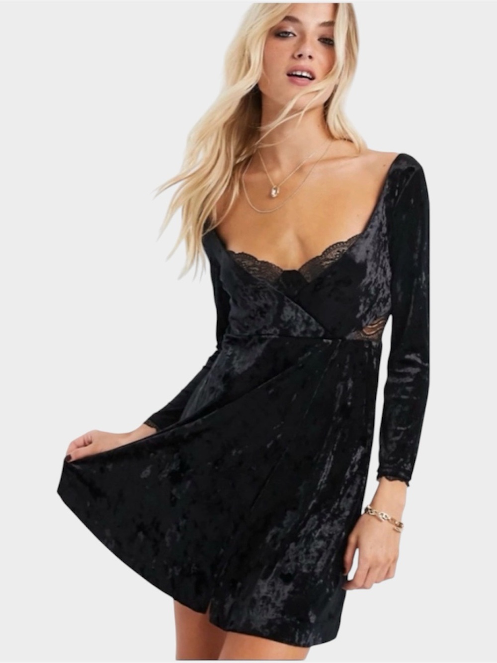 Free People Black Velvet Backless Goth Mini Dress Lace Long Sleeve Witchy XS NWT